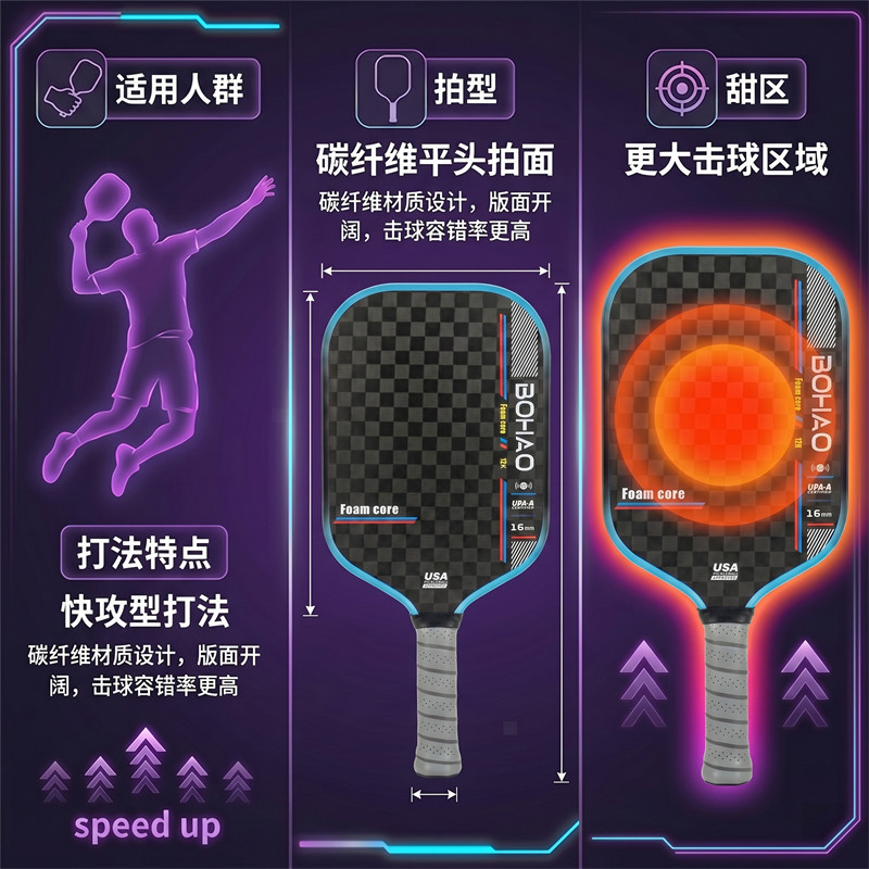 博皓Bohao專業(yè)匹克球拍12K碳纖維USAPA認證攻防兼?zhèn)淠信ㄓ闷タ伺妮p質(zhì)高彈 支持定制   -7